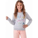 Onloox Kız Çocuk Gri Melanj Pamuklu Bisiklet Yaka Uzun Kollu Oje Baskılı Simli Sweatshirt (6-12 Yaş) - 8 Yaş