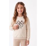 Onloox Kız Çocuk Krem Pamuklu Bisiklet Yaka Regular Kalıp Fiyonk Baskı Nakışlı Sweatshirt (6-10 Yaş) - 9 Yaş