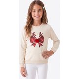 Onloox Kız Çocuk Krem Pamuklu Bisiklet Yaka Regular Kalıp Simli Ponponlu Yılbaşı Sweatshirt (6-12 Yaş) - 8 Yaş