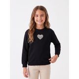 Onloox Kız Çocuk Siyah Pamuklu Bisiklet Yaka Regular Kalıp Inci Taşlı Kalp Desenli Sweatshirt (9-14 Yaş)