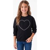 Onloox Kız Çocuk Siyah Pamuklu Bisiklet Yaka Regular Kalıp Taşlı Kalp Baskılı Sweatshirt (7-12 Yaş)