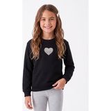 Onloox Kız Çocuk Siyah Pamuklu Bisiklet Yaka Uzun Kollu Inci Taşlı Kalp Desenli Sweatshirt (9-14 Yaş) - 9 Yaş