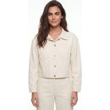 Onloox Krem Pamuklu Denim Klasik Yaka Crop Kesim Çıtçıtlı Çift Cepli Uzun Kollu Rahat Kalıp Ceket