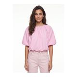 ONLOOX Pembe Pamuklu Poplin Büzgülü Yuvarlak Yaka Balon Kol Rahat Kesim Modern Bluz