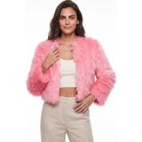 Onloox Şeker Pembe Suni Kürklü Polyester Kumaş Uzun Kollu Astarlı Detaylı Kısa Form Mont Ceket