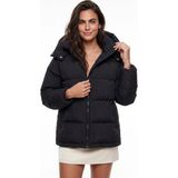 Onloox Siyah Krinkıl Dokulu Kapüşonlu Oversize Astarlı Cep Detaylı Polyester Şişme Mont