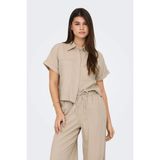 Only Kadın Keten Kısa Kollu Gömlek - 15338744 - XL - Krem