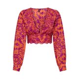ONLY Kadın Tişört ONLLOU LIFE EMB L/S V-NECK SHORT TOP PTM Kırmızı S