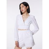 ONLY Kadın Tişört ONLLOU LIFE EMB L/S V-NECK SHORT TOP PTM Parlak Beyaz M