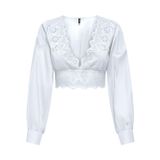 ONLY Kadın Tişört ONLLOU LIFE EMB L/S V-NECK SHORT TOP PTM Parlak Beyaz S
