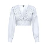 ONLY Kadın Tişört ONLLOU LIFE EMB L/S V-NECK SHORT TOP PTM Parlak Beyaz XS