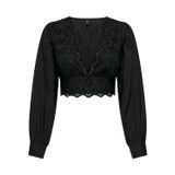 ONLY Kadın Tişört ONLLOU LIFE EMB L/S V-NECK SHORT TOP PTM Siyah S