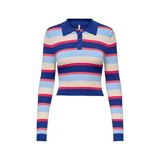 Only Onlkarol Ls Crop Rıb Button Polo cc Knt Kadın Kazak 15340979 Stripes:dubarry/open A/birch/raspberry/mazarine Blue - Mavi - Kırmızı
