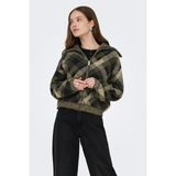 Only Onlmaroon Kareli Geniş Yaka Fermuarlı Kazak Kadın Kazak 15358211 - Yeşil - Bej - XS