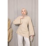 onlymoon Bej %100 Keten Arkadan Bağlamalı Asimetrik Kesim Tunik | Geniş Kollu Doğal Pamuklu Oversize Günlük Tesettür Tunik | Rahat Şık Kadın Üst Giyim