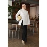 onlymoon Beyaz %100 Koton Keten Tunik | Çin Düğme ve Dikiş Detaylı Uzun Tunik | Yırtmaçlı Rahat Kesim Şık Modern Günlük Tesettür Kadın Üst Giyim | Pantolon Uyumlu Zarif Tunik Modeli