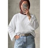 onlymoon Beyaz Çift Kat Müslin Kumaş Kadın Bady %100 Pamuk Oversize Salaş Kesim Uzun Kollu Rahat Kalıp Günlük Kullanım Tesettür Üst Nefes Alan Doğal Dokulu Modern Kadın Bluz