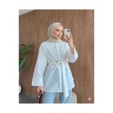 onlymoon Beyaz Dokuma Kumaş Uzun Kuşaklı Gömlek Kadın Toka Detaylı Rahat Kesim Şık Tesettür Kombin