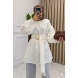 onlymoon Beyaz Pamuklu • Pile Kemer Detaylı Tesettür Gömlek Tunik • Oversize Rahat Kalıp • Şık Günlük Kombin