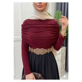 onlymoon Bordo Sandy Kumaş Drapeli Yaka Tesettür Bluz • Kadın Şık Zarif Uzun Kollu Modern Kombin