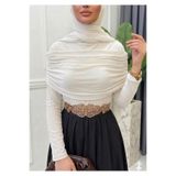 onlymoon Ekru Sandy Kumaş Drapeli Yaka Tesettür Bluz • Kadın Şık Zarif Uzun Kollu Modern Kombin