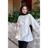 onlymoon Geniş Kol Bel Bağlamalı Asimetrik Yaka Detaylı Gömlek Tunik Kadın Oversize Tesettür Tunik Uzun Kollu Salaş Kesim Günlük Şık Mevsimlik Bağcıklı Modern Modest Giyim