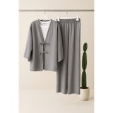 onlymoon Gri Keten Görünümlü Kimono Takım | Bağlamalı Tunik | Oversize Pantolon | Rahat Kadın Kombin