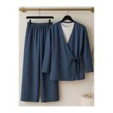 onlymoon Kadın Giyim Keten Kruvaze Yaka Oversize Bağlamalı Takım | Tunik Pantolon 2’li | Lacivert | Şık Basic