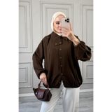 onlymoon Kahvarengi Kırınkıl Kumaş Pamuklu Asimetrik Yaka Detaylı Tül Bomber Ceket | Rahat Kesim Modern Tesettür Ceket | Şık Günlük Katmanlı Üst Giyim | Özgün Tasarım Ceket Modeli