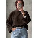 onlymoon Kahverengi Çift Kat Müslin Kumaş Kadın Bady %100 Pamuk Oversize Salaş Kesim Uzun Kollu Rahat Kalıp Günlük Kullanım Tesettür Üst Nefes Alan Doğal Dokulu Modern Kadın Bluz