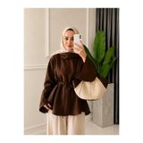 onlymoon Kahverengi Modal Kumaş Geniş Yaka Belden Bağlamalı Tunik | Uzun Kollu Volan Kollu Asimetrik Kesim Rahat Kalıp Tesettür Tunik | Günlük Şık Kadın Üst Giyim