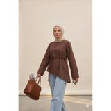 onlymoon Kahverengi • Pamuklu Asimetrik Kesim Gömlek • Bel Bağlamalı Oversize Tunik • Şık Günlük Kombin