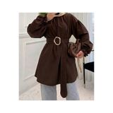onlymoon Kahverengi Pamuklu • Pile Kemer Detaylı Tesettür Gömlek Tunik • Oversize Rahat Kalıp