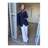 onlymoon Lacivert Yumuşak Denim Kumaş Asimetrik Kesim Arkadan Bağlamalı Tunik | Kadın Tesettür Tunik | Günlük Tunik | Asimetrik Tasarım | Bağlama Detaylı Denim Tunik | Modern Tesettür Üst Giyim Modeli Şık