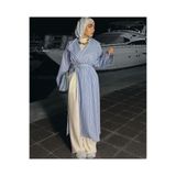 onlymoon Mavi Çizgili Kumaş Kimono Abaya | Kemer Detaylı Yarasa Kol Tesettür Kimono | Uzun Çizgili Abaya | Günlük Şık Mevsimlik Dış Giyim