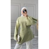 onlymoon Mint Yeşil %100 Keten Arkadan Bağlamalı Asimetrik Kesim Tunik | Geniş Kollu Doğal Pamuklu Oversize Günlük Tesettür Tunik | Rahat Şık Kadın Üst Giyim