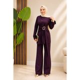 onlymoon Mürdüm Kemer Detaylı Tunik Pantolon İkili Takım | Kuşak Tokalı Uzun Kollu Tunik Yüksek Bel Bol Paça Pantolon Takımı | Tesettür Günlük Şık Kadın İkili Takım