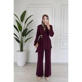 onlymoon Mürdüm Kuşak Detaylı Kruvaze Ceket Pantolon Takım | Kemer Tokalı Uzun Kollu Şık İkili Takım | Yüksek Bel Bol Paça Kumaş Pantolonlu Casual Ofis Kadın Takım