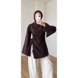 onlymoon Mürdüm Yandan Ayarlanabilir Büzgülü Yırtmaç Detaylı Modal Kumaş Tunik | Uzun Kollu Asimetrik Kesim Bağcıklı Tesettür Tunik | Günlük Şık Rahat Kadın Üst Giyim