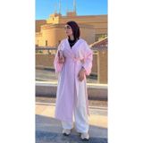 onlymoon Pembe Çizgili Kumaş Kimono Abaya | Kemer Detaylı Yarasa Kol Tesettür Kimono | Uzun Çizgili Abaya | Günlük Şık Mevsimlik Dış Giyim
