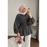 onlymoon Reglan Kol Oversize Bel Bağlamalı Tesettür Gömlek Kadın Füme Salaş Kesim Düğmeli Uzun Kollu Tunik Gömlek Günlük Şık Ofis Kombin Pamuk Dokulu Rahat Kalıp Mevsimlik Modest Giyim