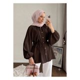onlymoon Reglan Kol Oversize Bel Bağlamalı Tesettür Gömlek Kadın Kahverengi Salaş Kesim Düğmeli Uzun Kollu Tunik Gömlek Günlük Şık Ofis Kombin Pamuk Dokulu Rahat Kalıp Mevsimlik Modest Giyim