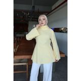 onlymoon Sarı Parçalı Keten Yakalı Tunik | Modern Rahat Kesim Kadın Tunik | Şık Günlük Uzun Tunik Modeli | Tesettür Giyim | Pantolon Uyumlu Zarif Rahat Kadın Üst Giyim | Günlük Şehir Ofis Tunik Modeli