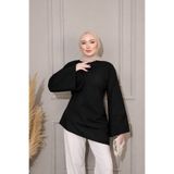 onlymoon Siyah %100 Keten Arkadan Bağlamalı Asimetrik Kesim Tunik | Geniş Kollu Doğal Pamuklu Oversize Günlük Tesettür Tunik | Rahat Şık Kadın Üst Giyim