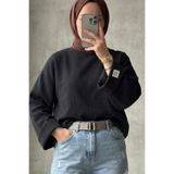 onlymoon Siyah Çift Kat Müslin Kumaş Kadın Bady %100 Pamuk Oversize Salaş Kesim Uzun Kollu Rahat Kalıp Günlük Kullanım Tesettür Üst Nefes Alan Doğal Dokulu Modern Kadın Bluz