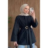 onlymoon Siyah Dokuma Kumaş Uzun Kuşaklı Gömlek Kadın Toka Detaylı Rahat Kesim Şık Tesettür Kombin