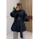 onlymoon Siyah Pamuklu • Pile Kemer Detaylı Tesettür Gömlek Tunik • Oversize Rahat Kalıp • Şık Günlük Kombin