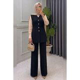 onlymoon Siyah • Pamuklu Yelek Pantolon Takım • Beli Lastikli Cepli • Şık Rahat Modern Tesettür Kombin