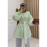 onlymoon Su Yeşili Pamuklu • Pile Kemer Detaylı Tesettür Gömlek Tunik • Oversize Rahat Kalıp • Şık Günlük Kombin