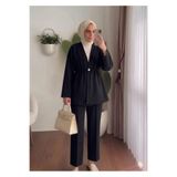 onlymoon Tesettür Double Krep Alt Üst Takım Siyah | Lastikli Bel Pantolon Rahat Kesim Şık Kombin